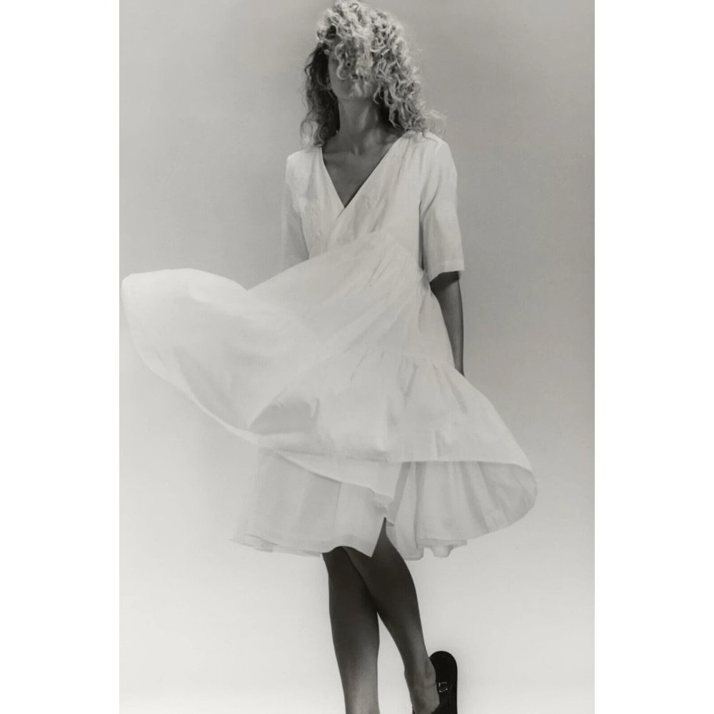 MERLETTE Aronia Floral-Appliqué Wrap Midi Dress Gauze Elegant White S